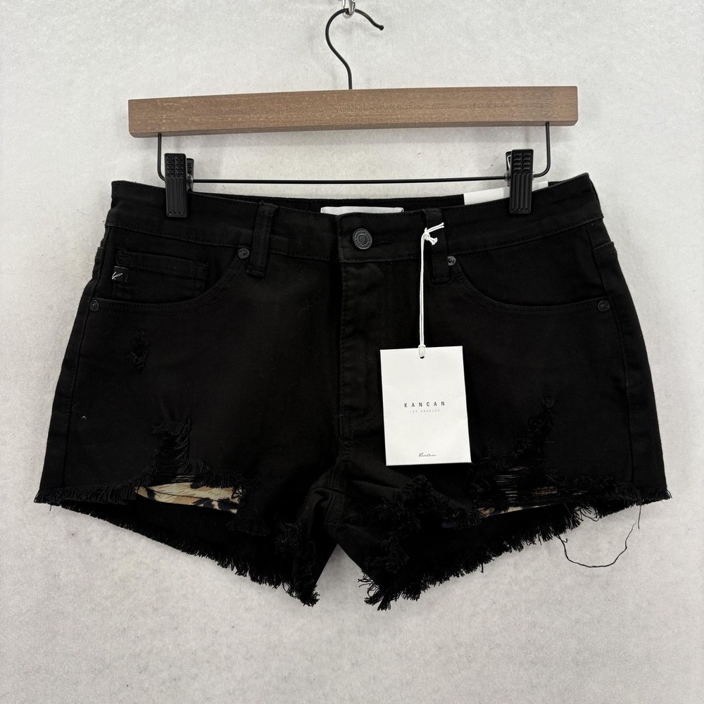 KanCan Shorts Womens Large Black Distressed Denim Cut Off Raw Hem Animal Print